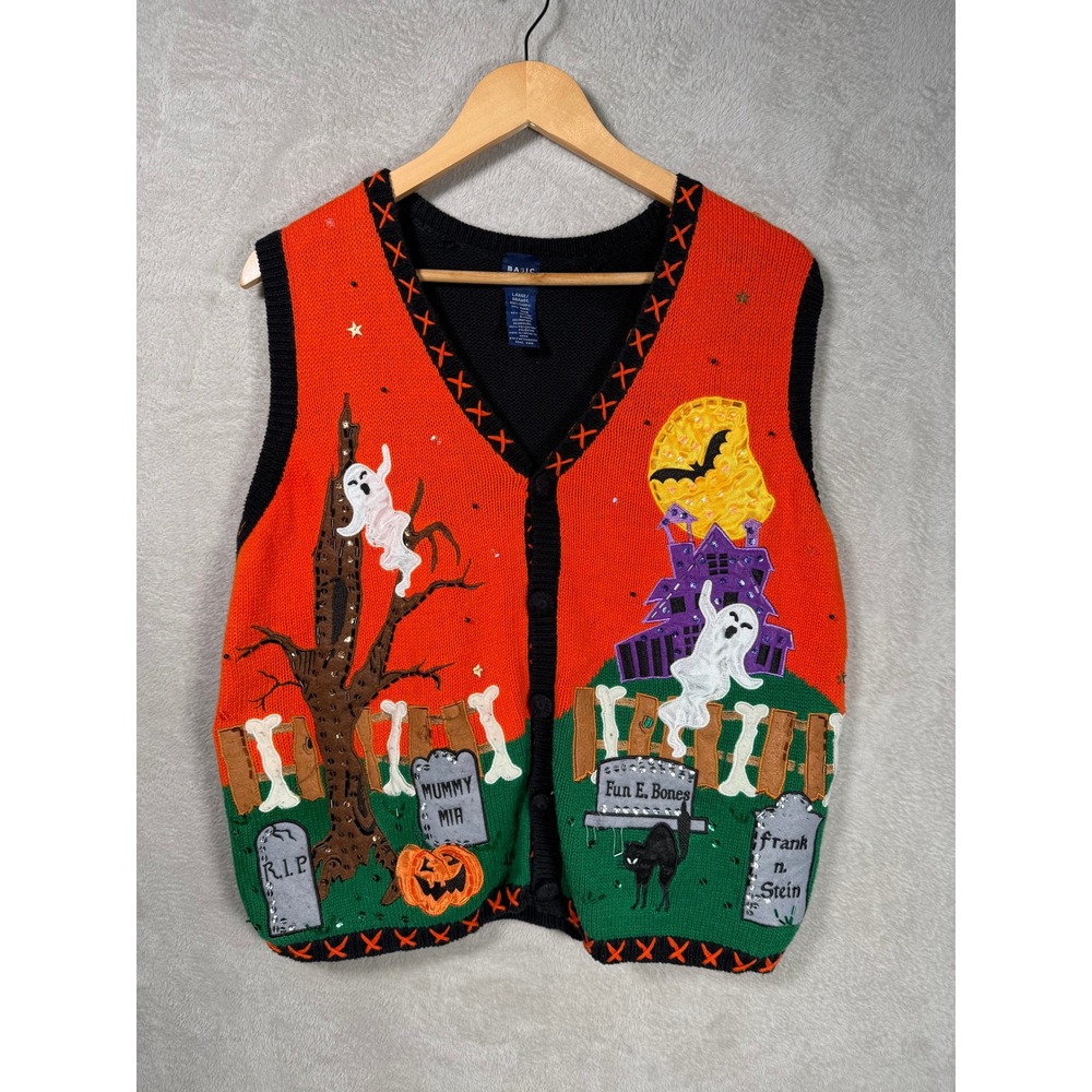 Basic Editions Vintage Halloween Sweater Vest Graveyard Ghost Orange Black Large